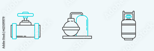 Set line Propane gas tank, Industry metallic pipes and valve and Oil industrial factory building icon. Vector