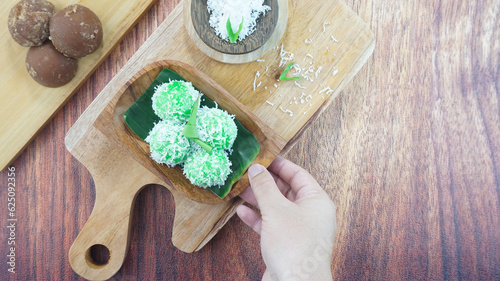 Kelepon cake or klepon is a traditional food from Indonesia made of glutinous rice flour brown sugar grated coconut