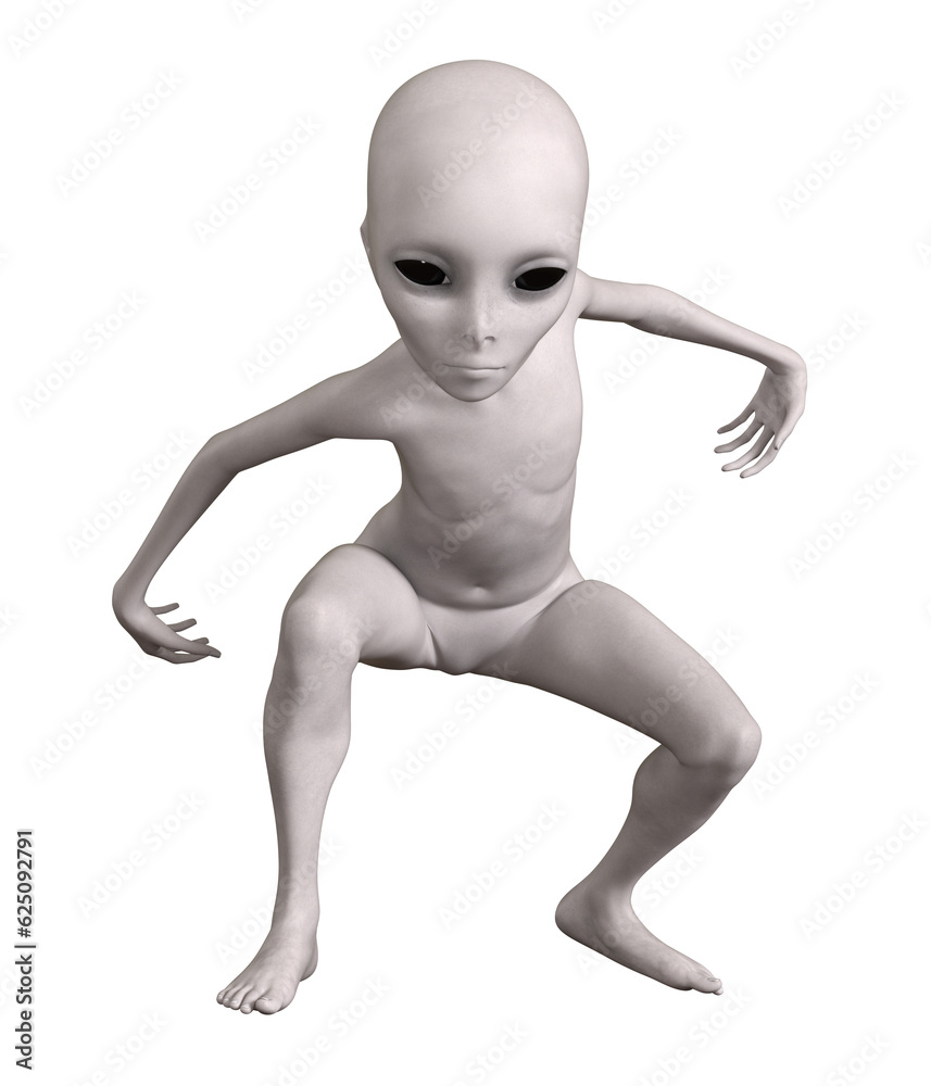 Grey alien on transparent background, 3d render Grey alien on transparent background, 3d render