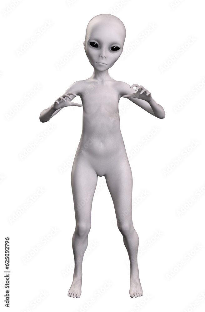 Grey alien on transparent background, 3d render Grey alien on transparent background, 3d render