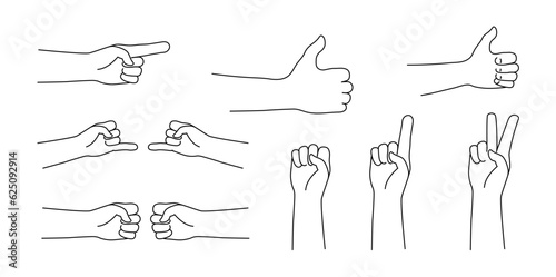 Hand gestures isolated vector icon outline. Line art human hands show different signals, signs.
