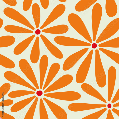 1970 Daisy Flowers Seamless Pattern in Orange-Red palette. Hand-Drawn Doodle Vector Illustration. Groovy Background, Wallpaper, T-shirt. Hippie Aesthetic. Cute Boho background design for kids.