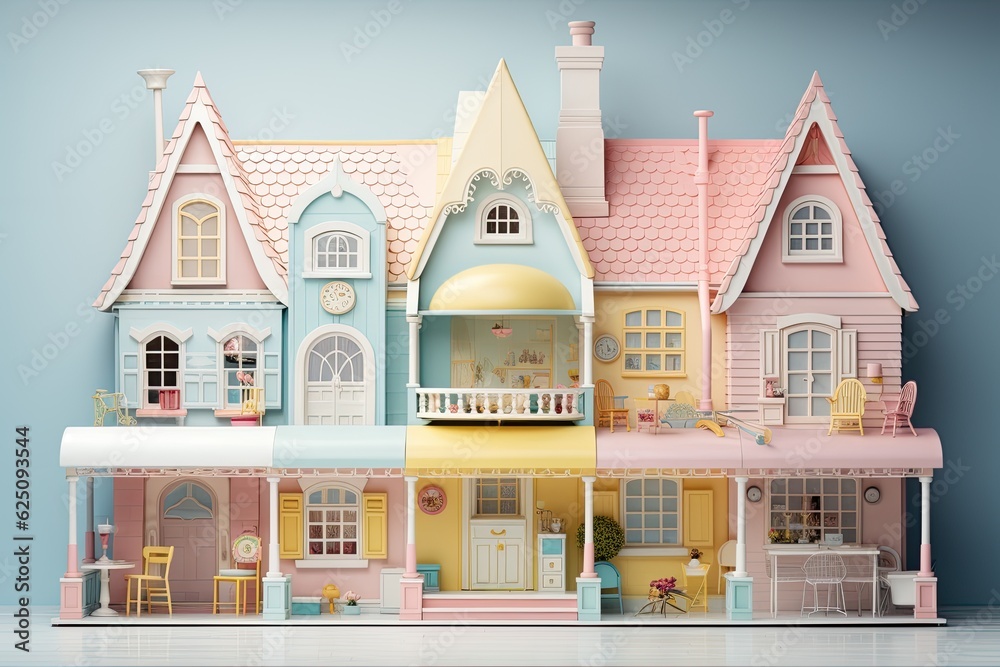 Fancy doll house interior, children toy, lots of pink plastic, pastel colors, kitchen