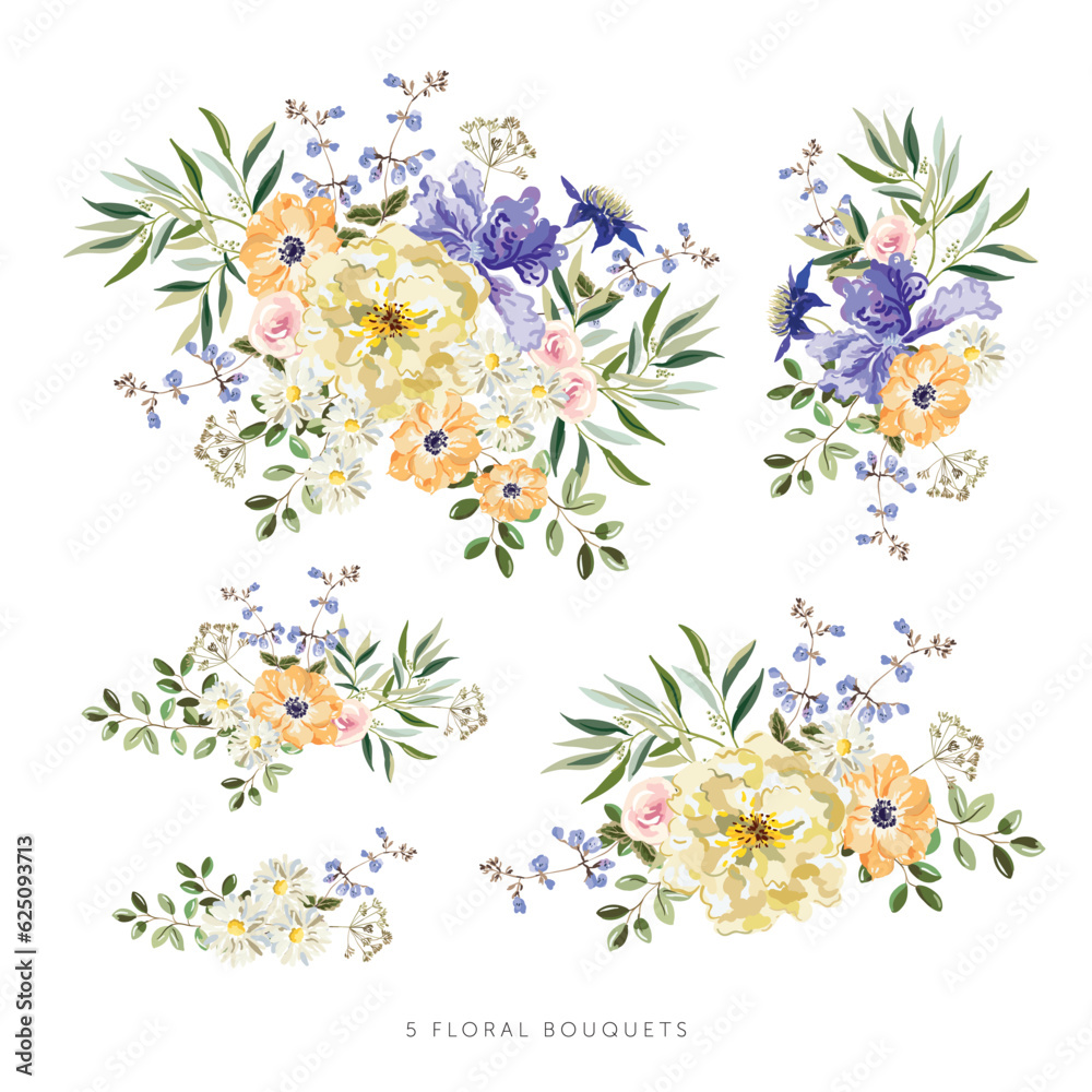 Obraz premium Yellow roses, orange flowers, green leaves bouquets, white background. Set of the floral arrangements. Vector illustration. Romantic garden. Summer nature. Wedding design