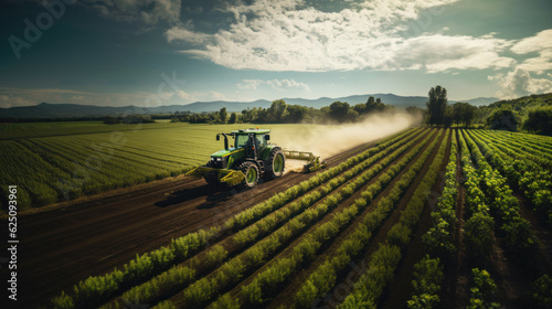 Green tractor plowing field on vineyards. Generative AI.
