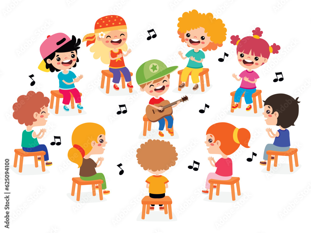 Kids Sitting In Circle And Listening Music