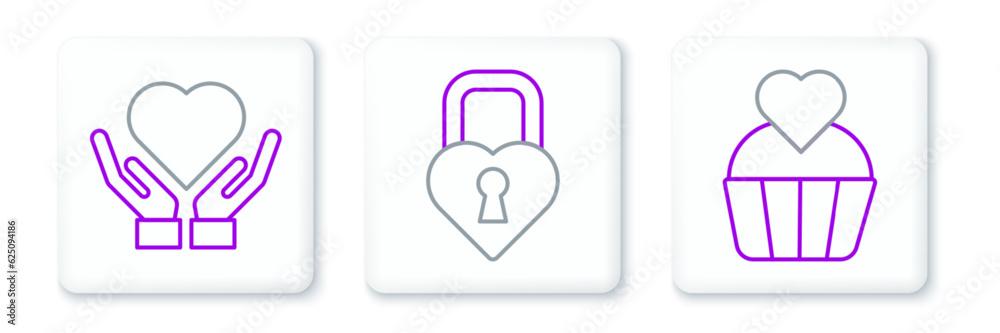 Set line Wedding cake with heart, Heart on hand and Castle the shape of icon. Vector Set line Wedding cake with heart, Heart on hand and Castle the shape of icon. Vector