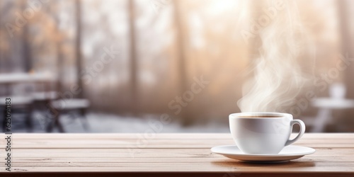 Cozy autumn winter banner template, steaming coffee tea cup, blurred background