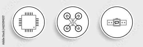 Set line Smartwatch, Processor with microcircuits CPU and Drone flying icon. Vector