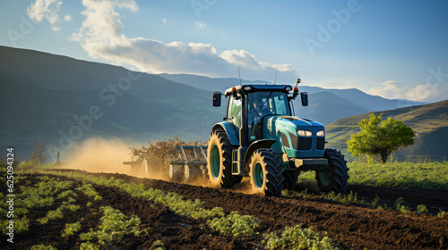 Tractor plowing the field in Tuscany, Italy. Generative AI.
