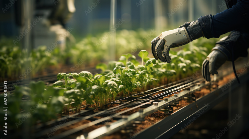 Hand of worker in gloves working in greenhouse, examining seedlings. Generative AI.
