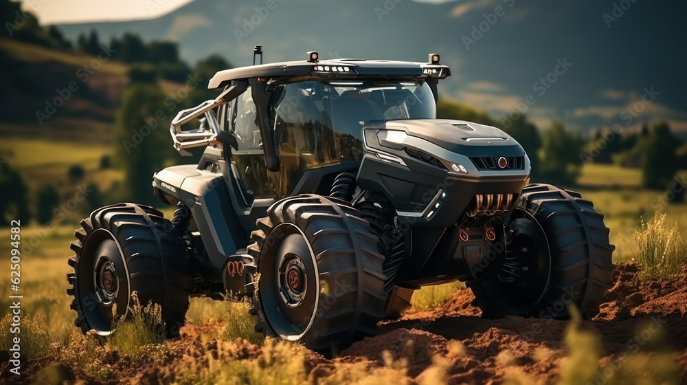Modern autonomous tractor on a dirt road in the countryside. Future technology with smart agriculture farming concept. Generative AI. Modern autonomous tractor on a dirt road in the countryside. Future technology with smart agriculture farming concept. Generative AI.