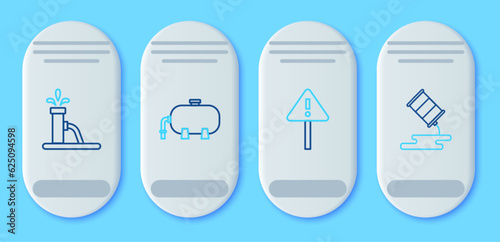 Set line Oil industrial factory building, Exclamation mark triangle, pump pump jack and Barrel oil leak icon. Vector