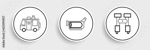 Set line Binoculars, Rv Camping trailer and Cinema camera icon. Vector