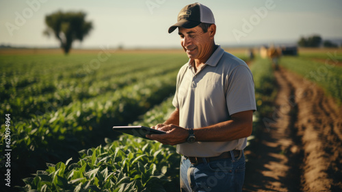 Fotografia Portrait of confident male agronomist using digital tablet while standing in soybean field