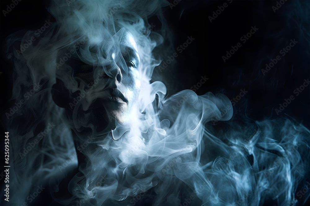 Fashion surreal Concept. Woman surround dissolve in shadow background of smoke and flood lights. illuminated with dynamic composition and dramatic lighting. sensual, mysterious, advertisement,
