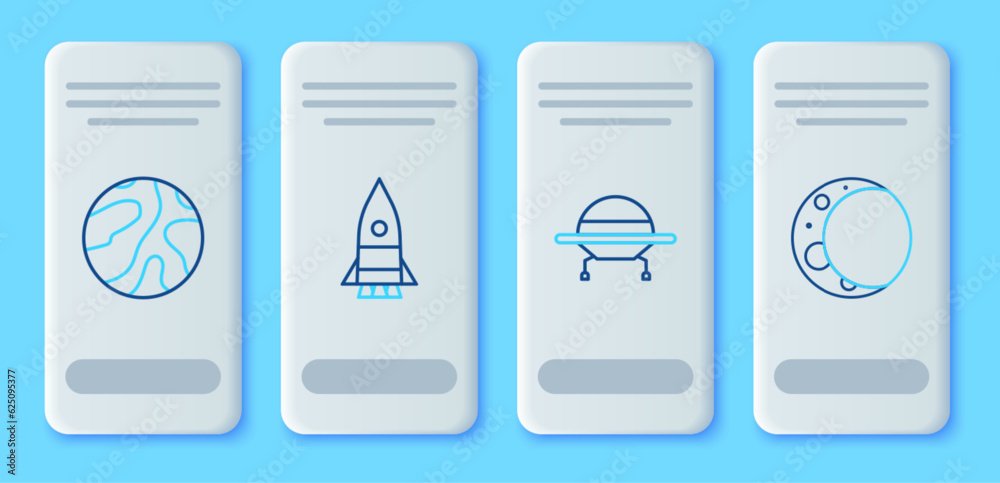 Set line Rocket ship, UFO flying spaceship, Falling stars and Moon icon. Vector