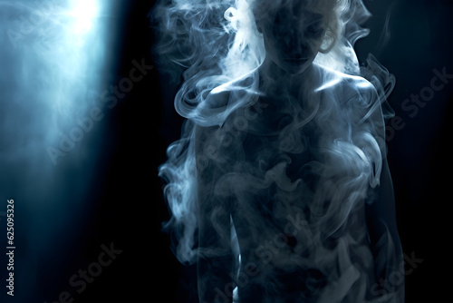 Fashion surreal Concept. Woman surround dissolve in shadow background of smoke and flood lights. illuminated with dynamic composition and dramatic lighting. sensual, mysterious, advertisement, 
