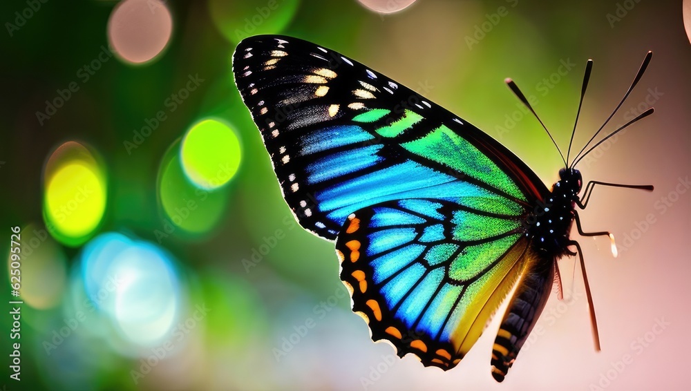 Fototapeta premium Colorful butterfly, close up, bokeh background. Generative AI