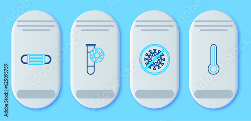 Set line Test tube with virus, Stop, Medical protective mask and thermometer icon. Vector