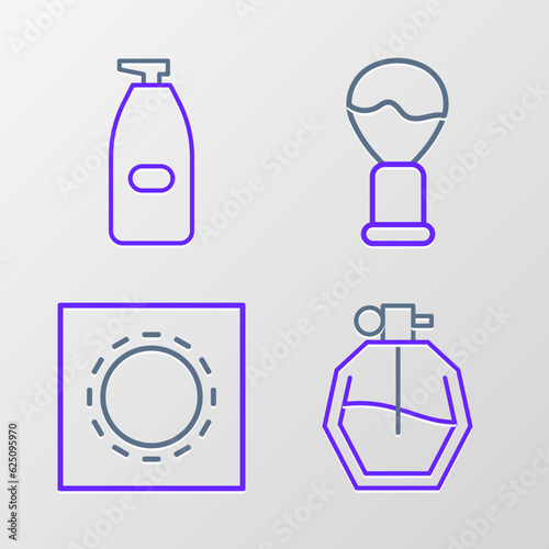 Set line Perfume  Condom in package safe sex  Shaving brush and Bottle of liquid antibacterial soap icon. Vector