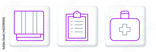 Set line First aid kit, Towel stack and Clipboard with checklist icon. Vector