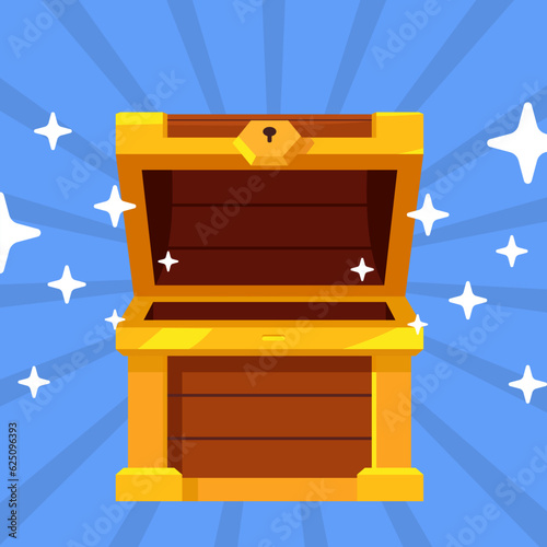 Open mystery wooden chest. Treasure on blue background. Random a secret loot box concept. Vector illustration cartoon flat design.	
