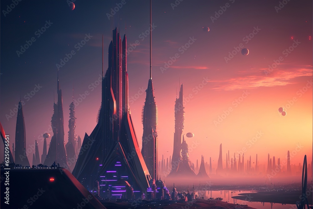Naklejka premium night city view, future buildings