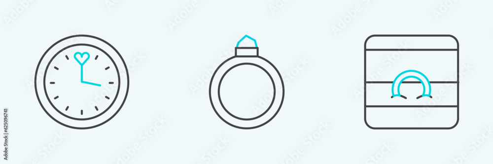 Set line Wedding rings, Clock and Diamond engagement icon. Vector Set line Wedding rings, Clock and Diamond engagement icon. Vector