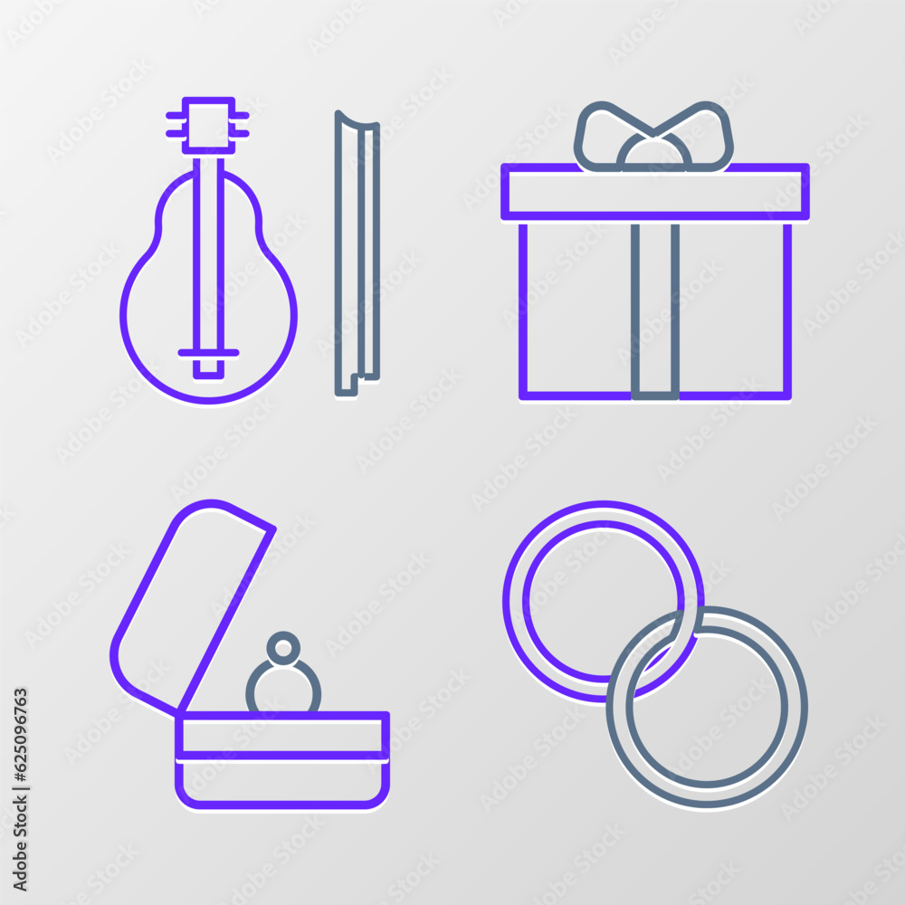 Set line Wedding rings, Gift box and Violin icon. Vector Set line Wedding rings, Gift box and Violin icon. Vector