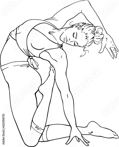 Young woman is doing yoga. Linear drawing of a girl in a yoga pose. For the design of websites, schools and yoga clubs, printing on clothes, dishes, bags, business cards, posters and advertising