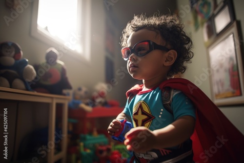 A curly toddler engaged in pretend play, dressing up as a superhero. Using imagination. Generative AI