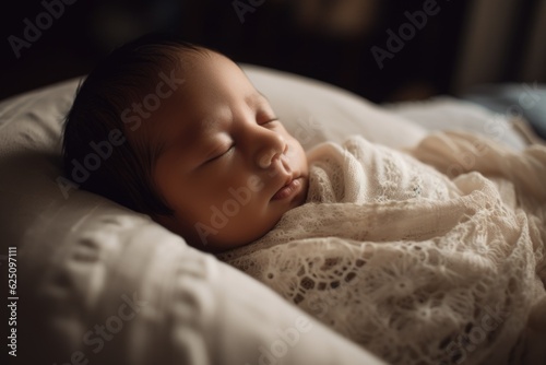 A newborn sleeping peacefully in a swaddle, capturing the serene moments of rest. The background is a comfortable crib, creating a soothing atmosphere. Generative AI