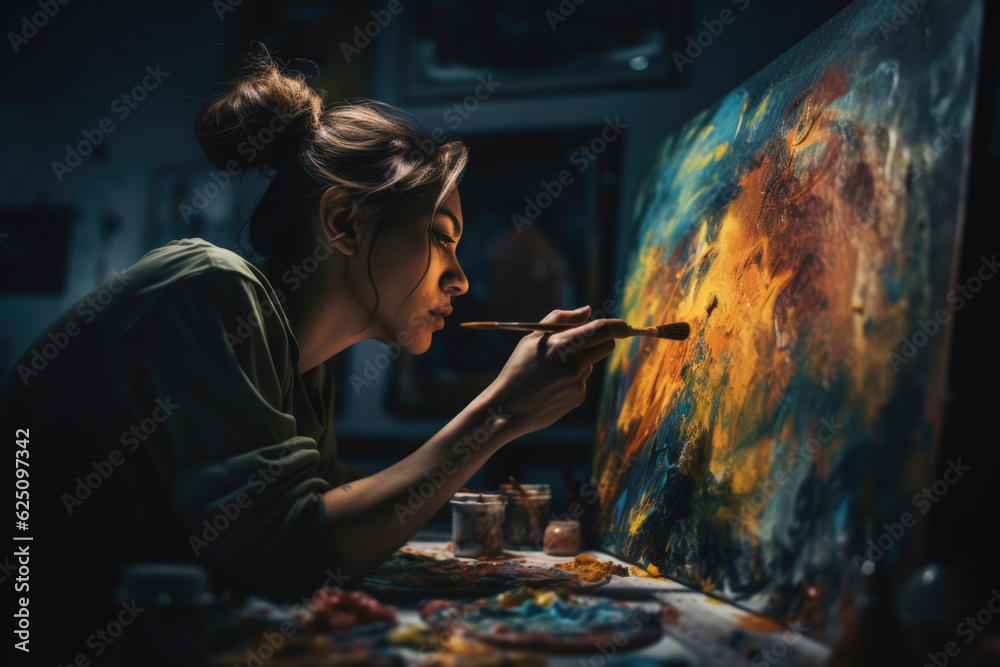 Fototapeta premium A creative artist young woman painting a vibrant masterpiece on a canvas. The background showcases the artist's studio filled with art supplies and colorful artworks. Generative AI