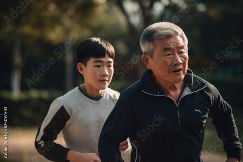An adult child and elder father engaging in a fitness activity, jogging. Spending time together. Father's Day. Commitment to health and well-being. Generative AI