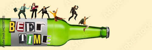 Cheeful employees, office workers standing on giant beer bottle. Beer time after work. Contemporary art collage. Concept of business, office, party, oktoberfest, drink, joy, leisure time, ad. Banner photo