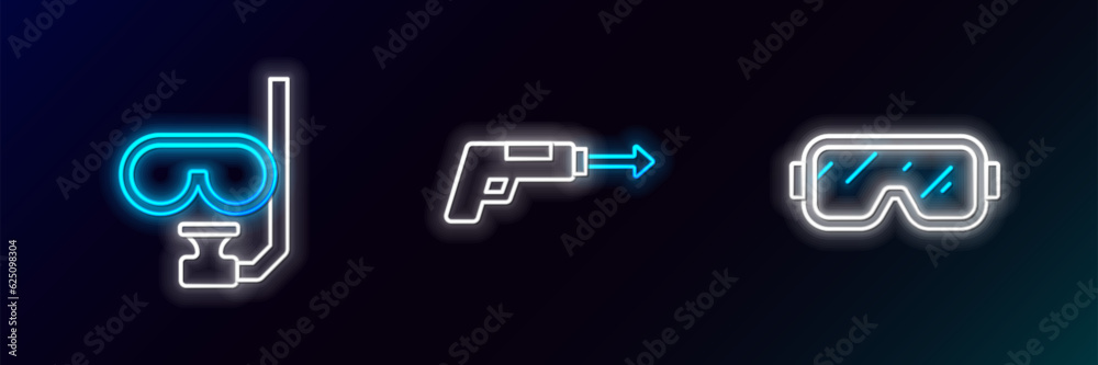 Set line Diving mask, and snorkel and Fishing harpoon icon. Glowing neon. Vector Set line Diving mask, and snorkel and Fishing harpoon icon. Glowing neon. Vector