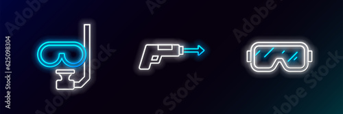 Set line Diving mask, and snorkel and Fishing harpoon icon. Glowing neon. Vector