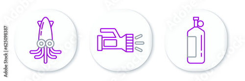 Set line Aqualung, Octopus and Flashlight icon. Vector