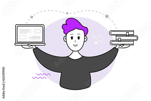Smiling student is satisfied with studying online courses using laptop and books. Vector illustration concept for online learning courses, business, seminars, trainings.