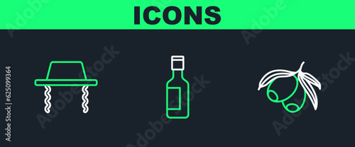 Set line Olives branch, Orthodox jewish hat and Jewish wine bottle icon. Vector
