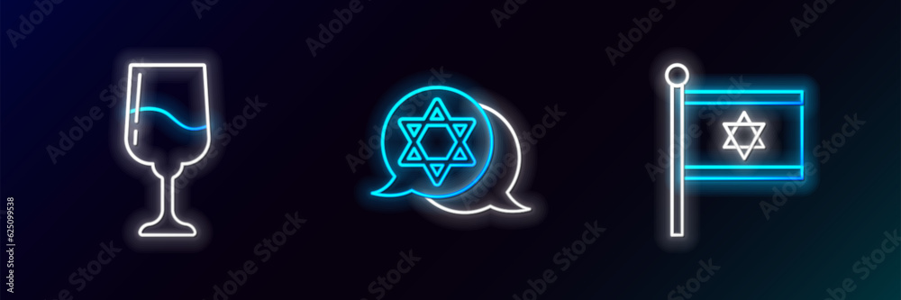 Set line Flag of Israel, Jewish goblet and Star David icon. Glowing neon. Vector Set line Flag of Israel, Jewish goblet and Star David icon. Glowing neon. Vector