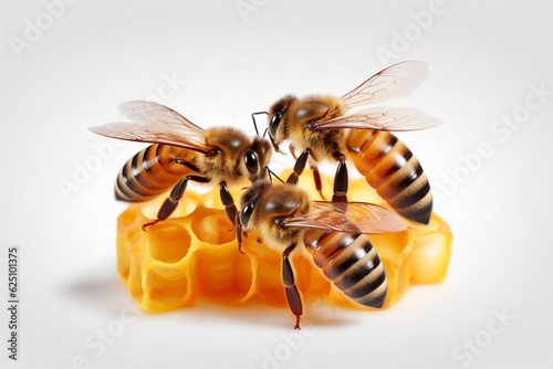 Three Bees and Honey Comb Isolated on Transparent Background. Generative AI © Haider