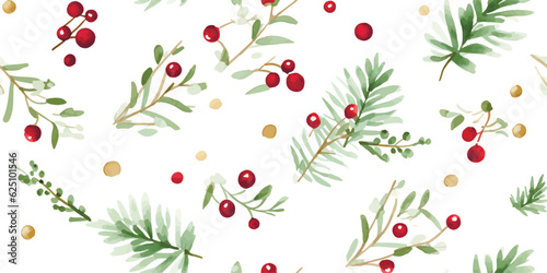 Christmas seamless pattern with confetti of stars, berries and green branches, watercolor holiday print on white background