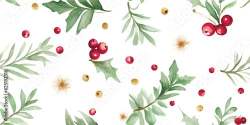 Christmas seamless pattern with confetti of stars, berries and green branches, watercolor holiday print on white background