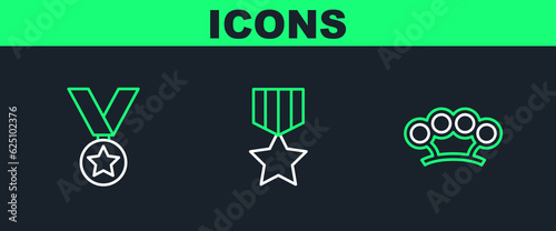 Set line Brass knuckles, Military reward medal and icon. Vector