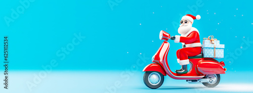 Winter holiday banner with Santa Claus riding with gift box vintage scooter on blue background. Rider Santa in Christmas day winter. Cartoon Santa riding scooter to give gift. Banner size, copy space