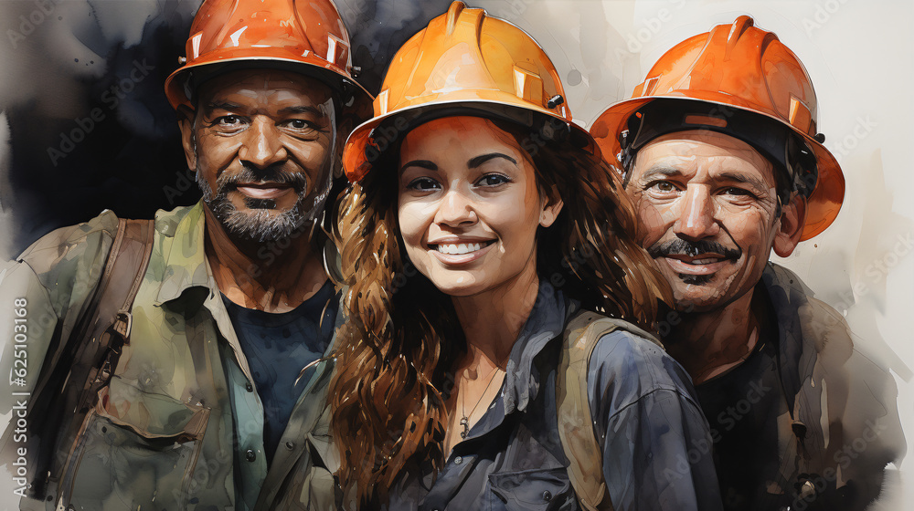 Labor Day concept. Group of different workman in watercolor style.