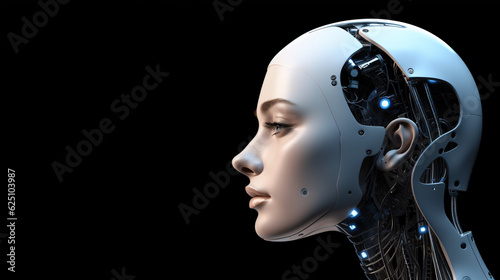 Female face robot android. Neuro interface. Link to the world of Artifical intelligence. Generative AI visual concept.