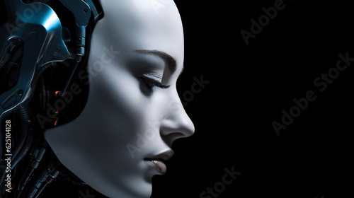 Female face robot android. Neuro interface. Link to the world of Artifical intelligence. Generative AI visual concept.